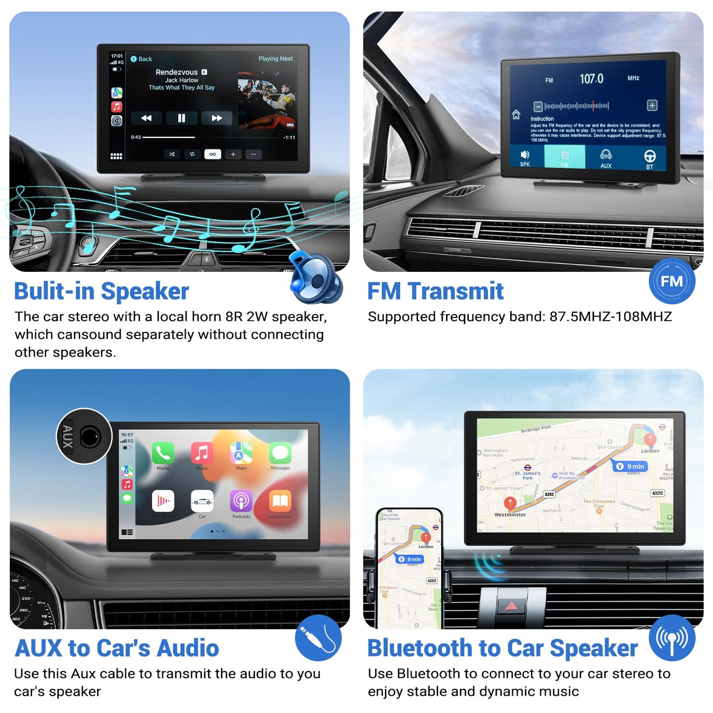 Wireless Apple Carplay Screen for Car 4K Dash Cam, 9" Portable Apple Carplay & Android Auto Car Stereo, with 1080p Backup Camera, GPS Navigation/Mirror Link/Voice Control/Bluetooth