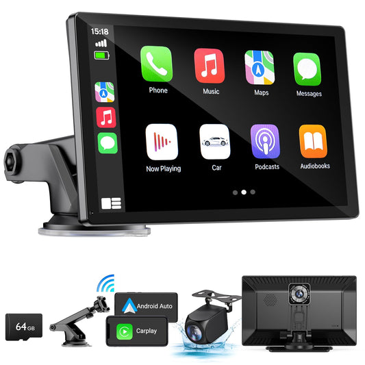 Wireless Apple Carplay Screen for Car 4K Dash Cam, 9" Portable Apple Carplay & Android Auto Car Stereo, with 1080p Backup Camera, GPS Navigation/Mirror Link/Voice Control/Bluetooth