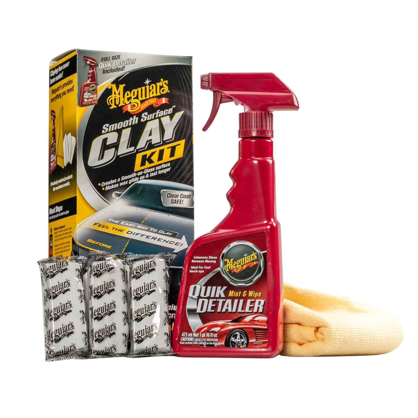 Meguiar's G10240 Smooth Surface XL Clay Kit - Includes 240 Grams of Clay Bars, Quik Detailer Spray Bottle and Microfiber Towel